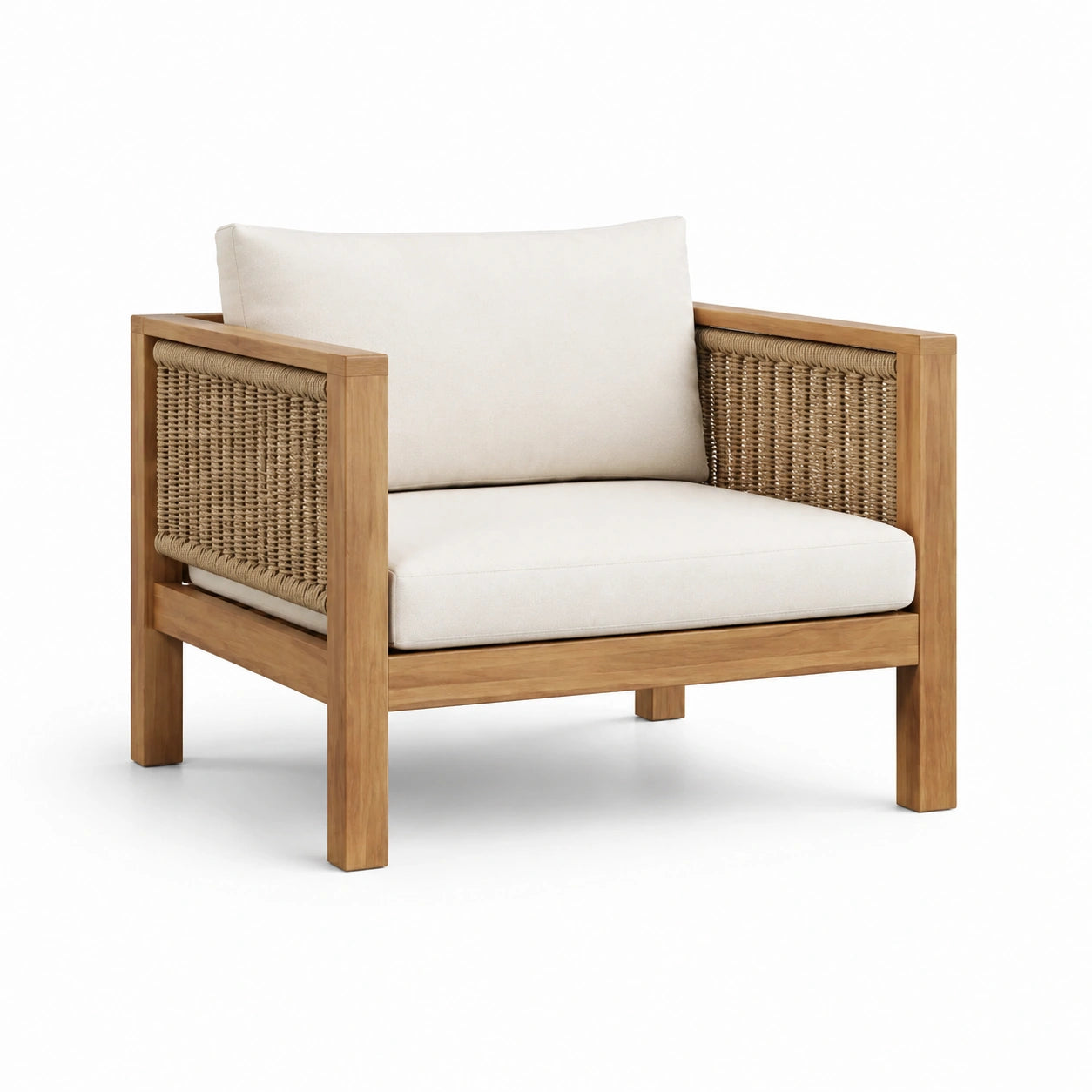 Poltrona da esterno in legno teak e fibra sintetica beige