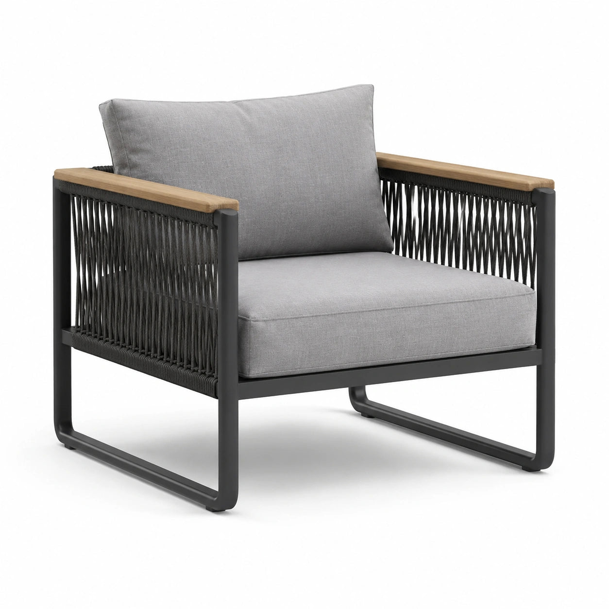 Poltrona da giardino in alluminio con braccioli in legno e cuscino grigio