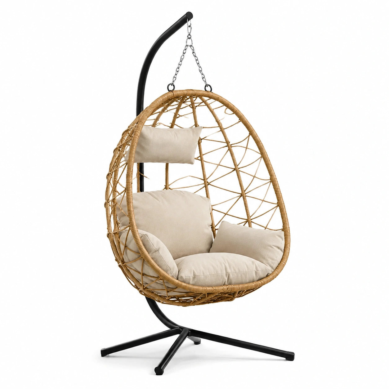 Poltrona sospesa in rattan con cuscini in tessuto beige, struttura in metallo