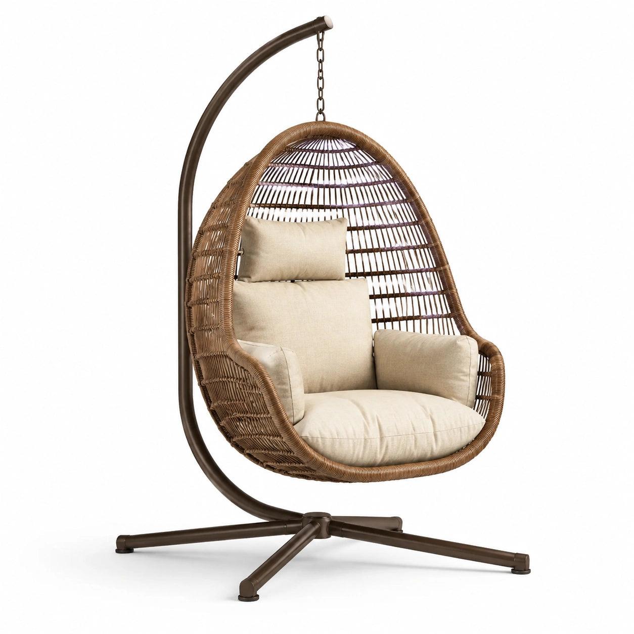 Sedia Sospesa in Rattan con Struttura in Metallo e Cuscini Beige