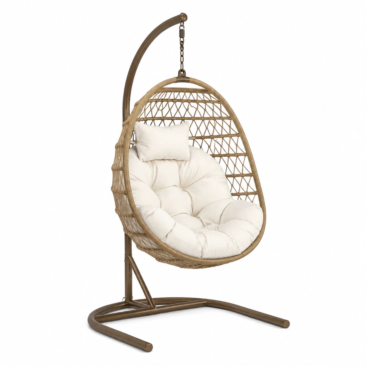 Sedia sospesa in rattan con cuscino bianco e struttura in metallo