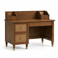 Scrivania in legno massello marrone con cassetti in rattan e dettagli in ottone