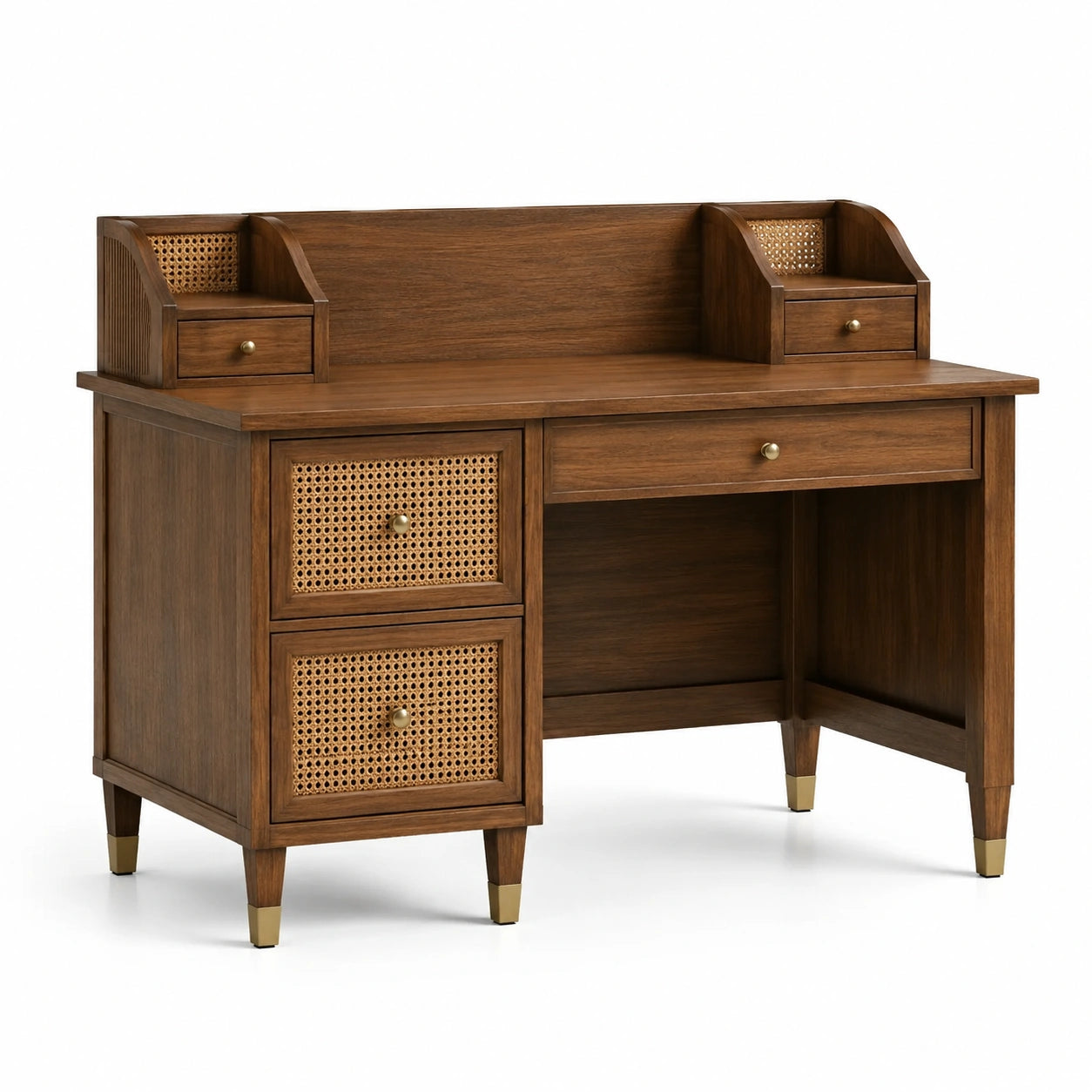 Scrivania in legno massello marrone con cassetti in rattan e dettagli in ottone