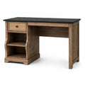 Scrivania in Legno con Piano in Laminato Nero e Dettagli in Rattan