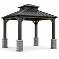 Gazebo in Metallo e Legno con Pilastri in Pietra Grigio