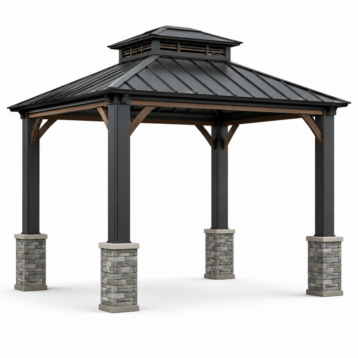 Gazebo in Metallo e Legno con Pilastri in Pietra Grigio