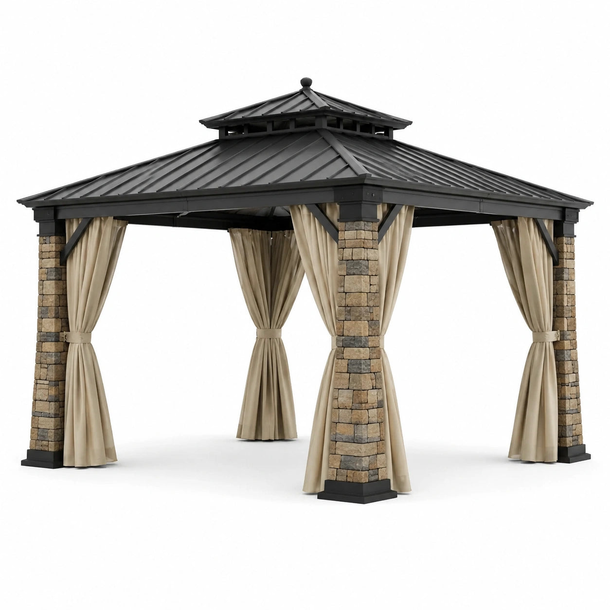 Gazebo da Giardino in Alluminio e Pietra con Tende in Poliestere Beige