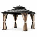 Gazebo da giardino in metallo e legno 300x300 cm con tende in poliestere color crema e nero