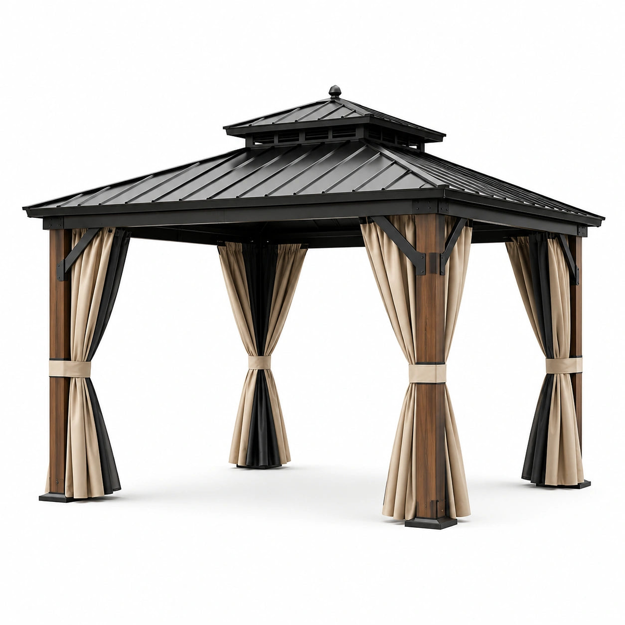 Gazebo da giardino in metallo e legno 300x300 cm con tende in poliestere color crema e nero