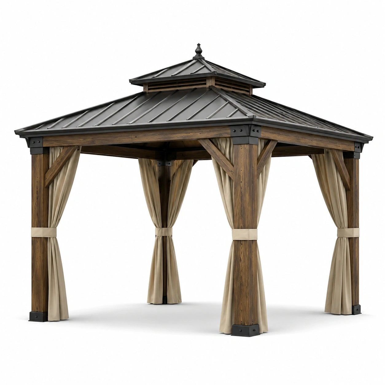 Gazebo da giardino in legno e acciaio con tende in poliestere