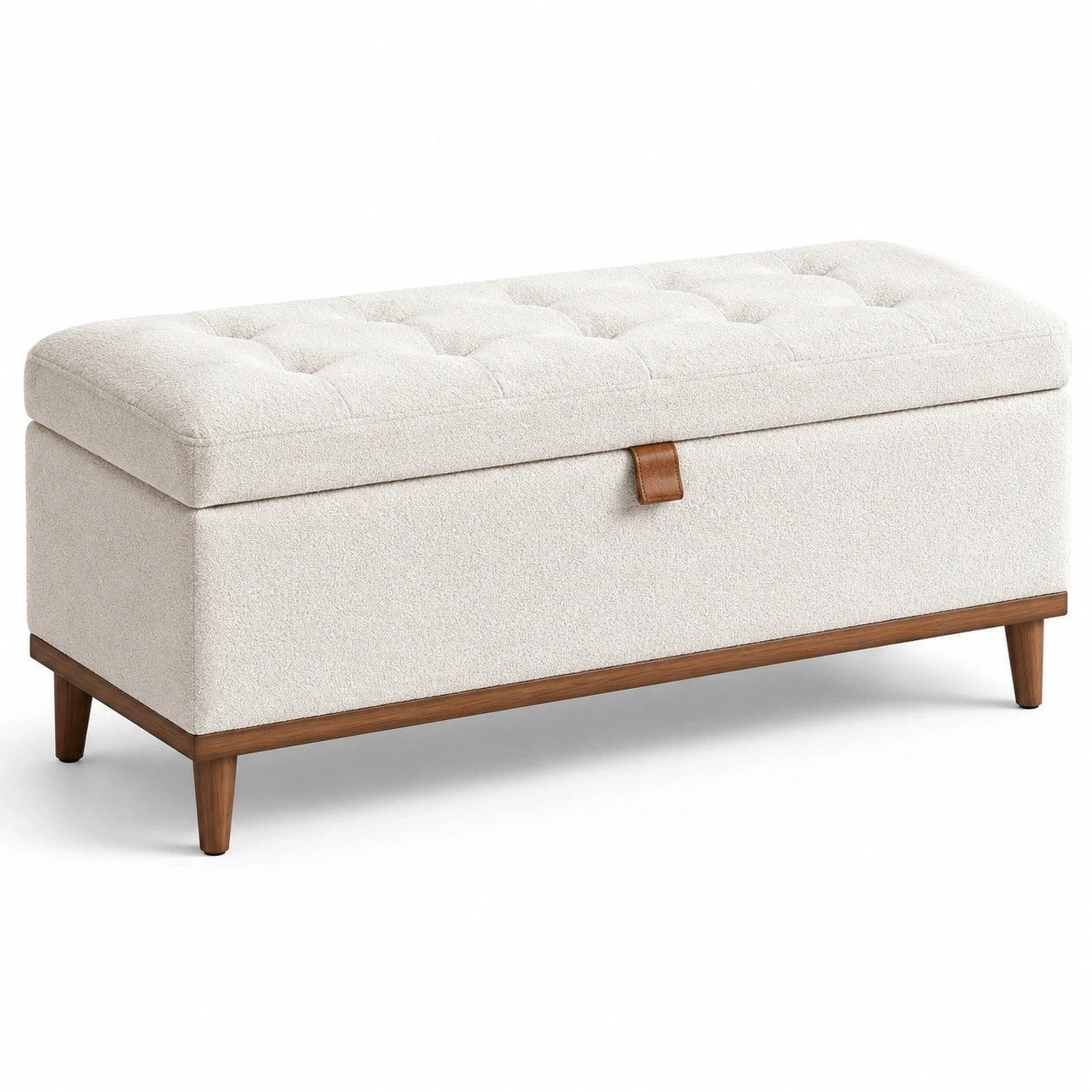 Panca contenitore in tessuto bouclé crema con gambe in legno