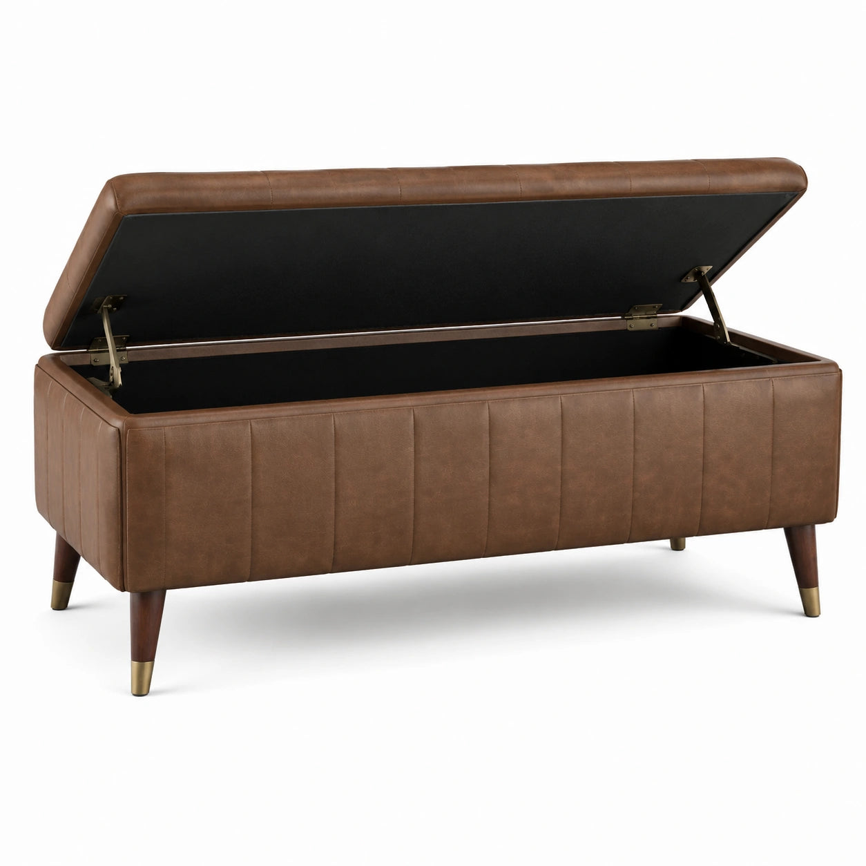 Panca contenitore in pelle sintetica marrone con gambe in legno
