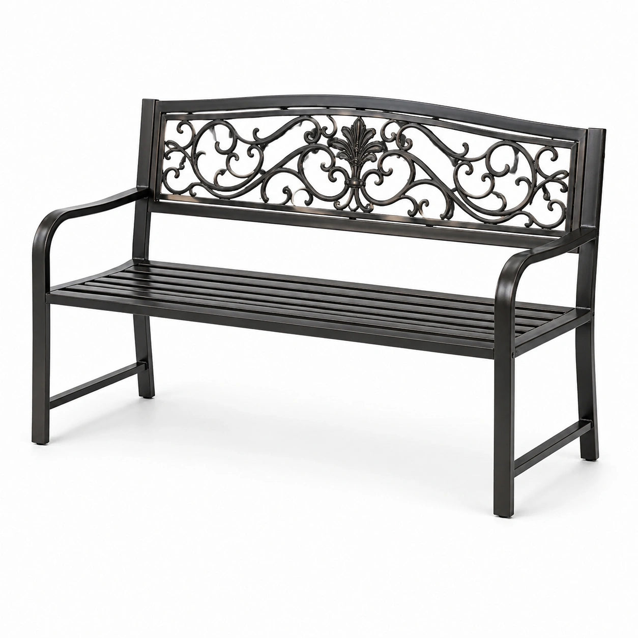 Panchina da esterno in acciaio nero con schienale decorato, 125 cm
