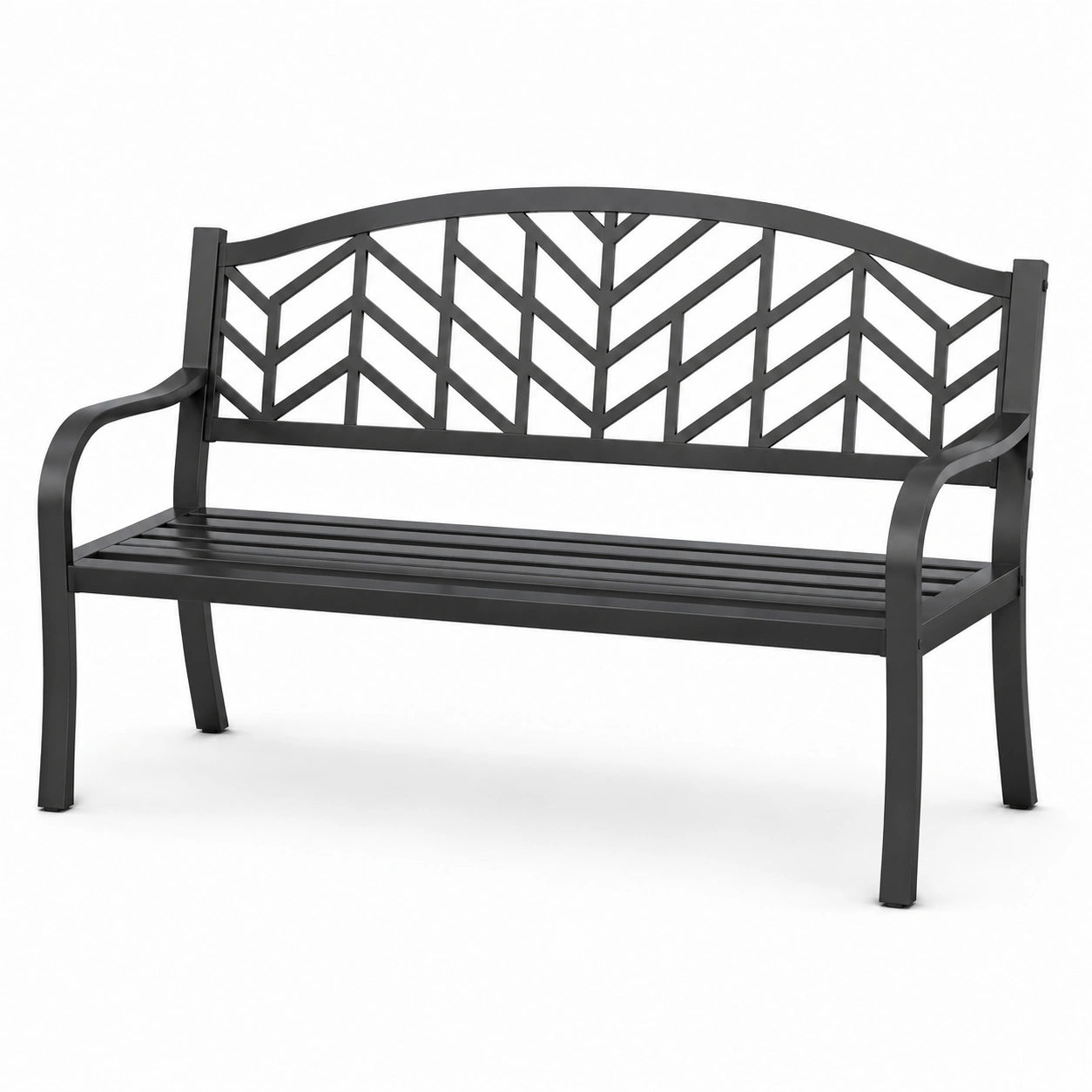 Panchina da giardino in metallo nero con design geometrico